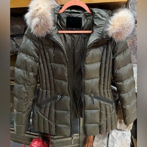 Dawn Levy Khaki Olive Green Puffer Jacket with Real Fox Fur Trim